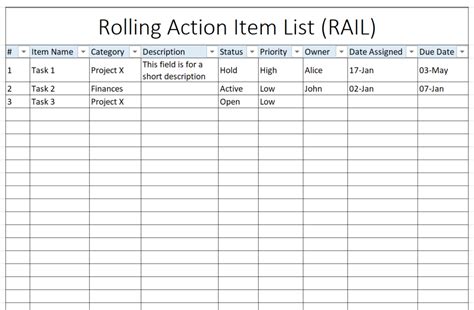 Rolling Action Item List Excel Template