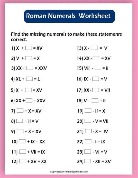 Roman Numerals Worksheet in Printable PDF