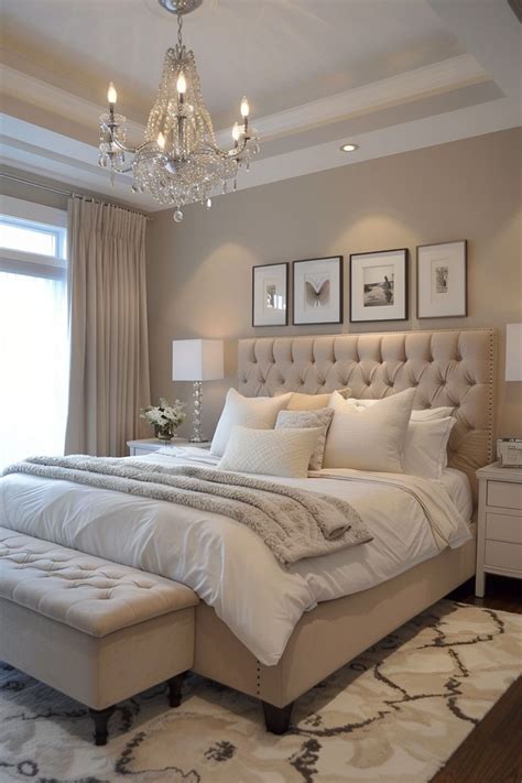 Romantic feminine bedroom with beige carpet
