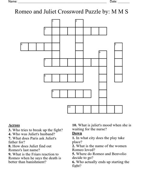 Romeo And Juliet E g Crossword Clue