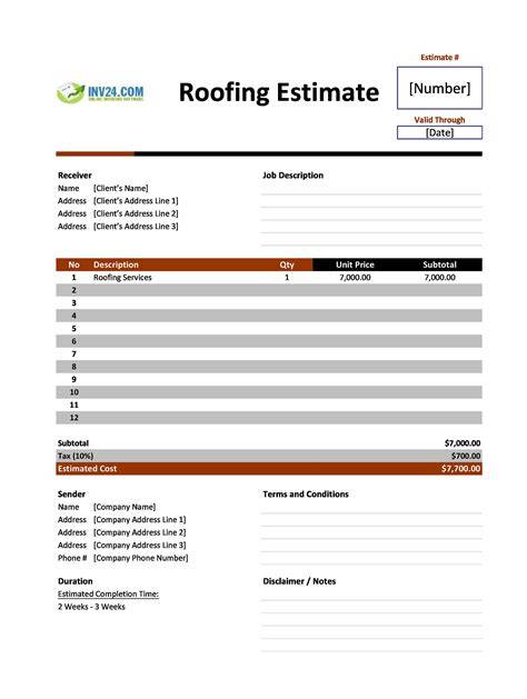 Roof Estimate Excel Template
