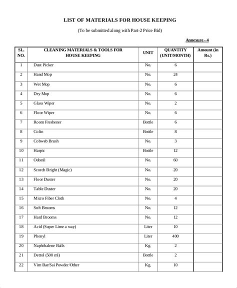Roofing Material List Template
