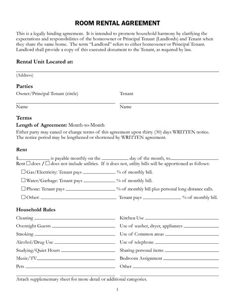 Room Rental Agreement Free Printable