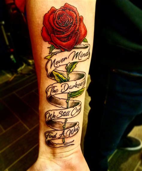 Scroll, roses, quill tattoo Tattooed by Chelsea by