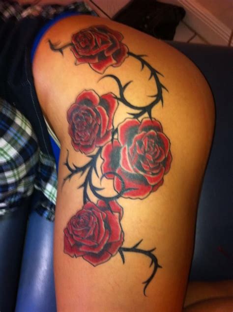 Red rose bush tattoo Coloured rose tattoo, Rose vine