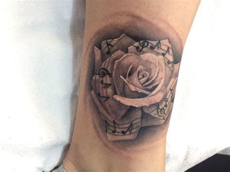 Rose tattoo black& gray music notes Rose tattoos, Neck