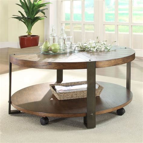 Round Coffee Table with Caster Wheels and Unique Textured Surface for Living Room