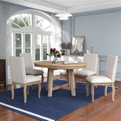 Roundhill Furniture Prato 5Piece Round Dining Table Set with Cross Back Chairs, Antique White