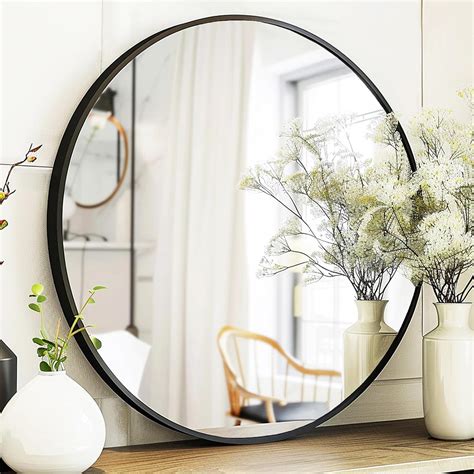 NeuType 32" Black Round Wall Mirror, Modern Aluminum Alloy Frame Accent
