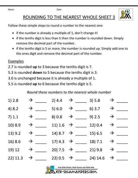 Rounding To Whole Numbers Worksheet