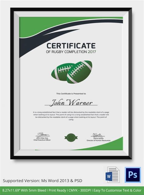 Rugby Certificate 5+ Word, PSD, AI, InDesign Format Download Free