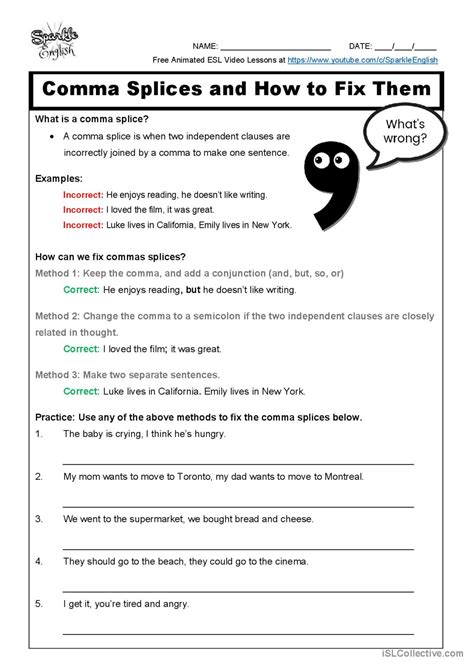Run On Sentences And Comma Splices Worksheet With Answers