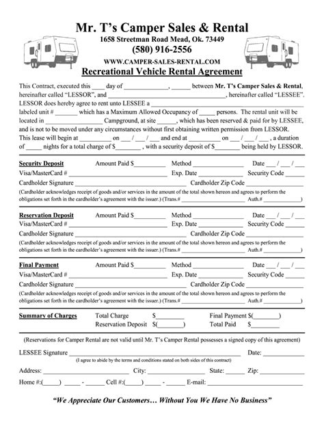 Rv Park Rental Agreement Contract