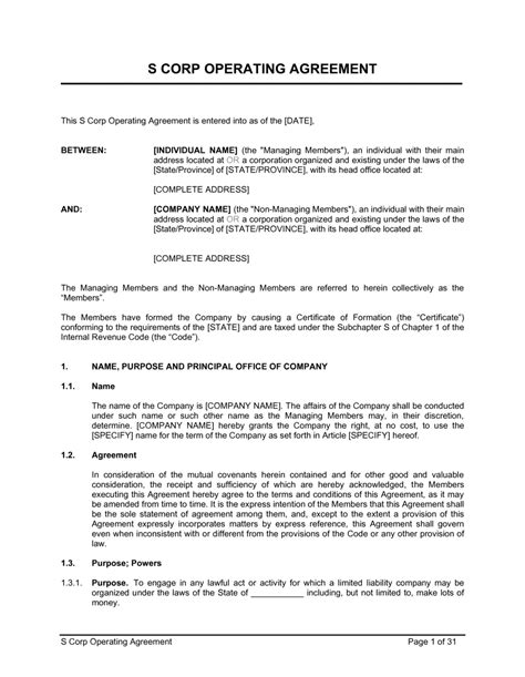 S Corporation Operating Agreement Template