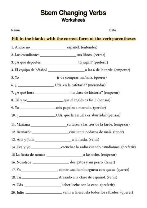 Stem Changing Verbs Worksheet