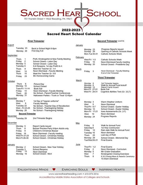 Sacred Heart Academy Calendar
