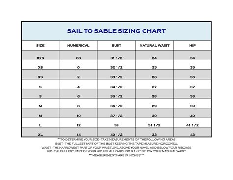 Sail To Sable Size Chart