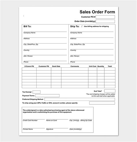 Sales Order Form Template Excel