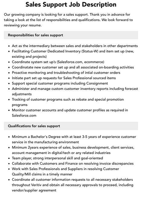 Sales Support Job Description Responsibilities