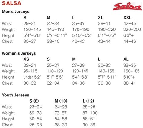 Salsa Size Chart
