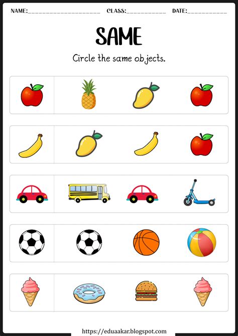 Same And Different Worksheets For Kindergarten