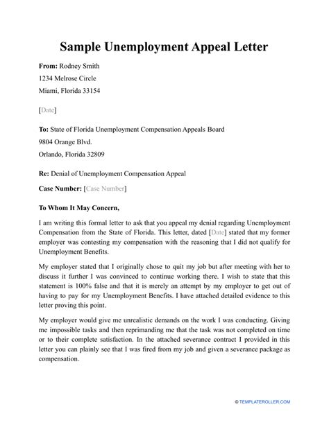 Sample Unemployment Appeal Letter Download Printable PDF Templateroller