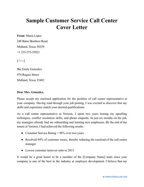 Sample Cover Letter Customer Service Call Center