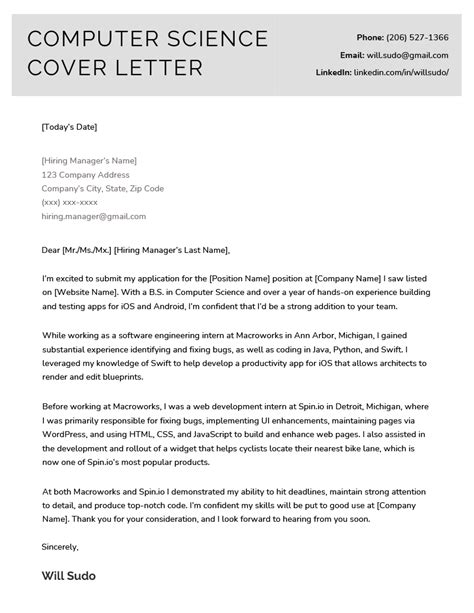 Sample Cover Letter For Internship Computer Science