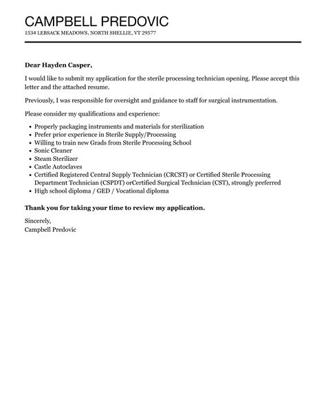 Sample Cover Letter For Sterile Processing Technician