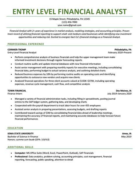 Sample Finance Resume Entry Level