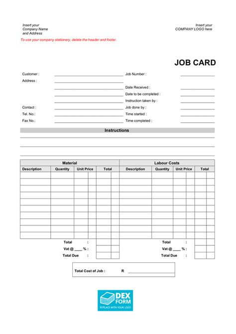 Sample Job Cards Templates