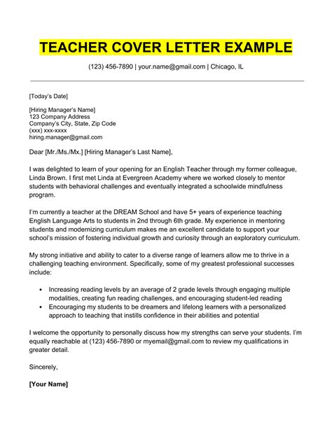 Sample Of Teacher Cover Letter