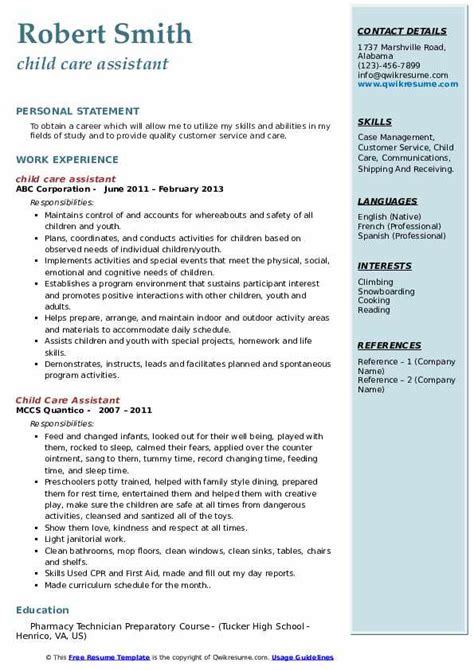 Sample Resume For Child Care Assistant