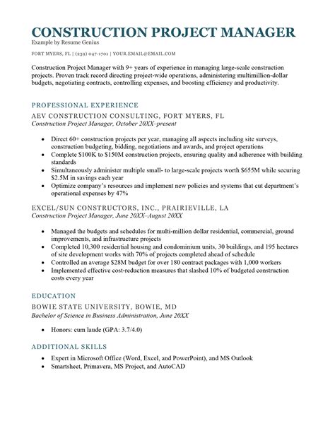 Sample Resume For Construction Project Manager