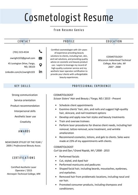 Sample Resume For Cosmetologist