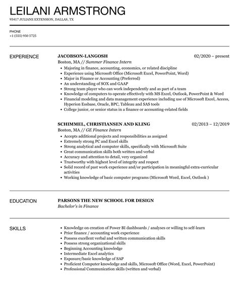 Sample Resume For Finance Internship
