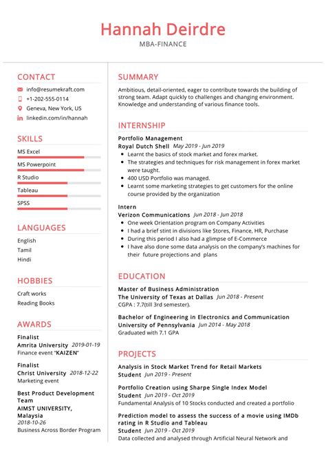 Sample Resume For Freshers Mba Finance And Marketing