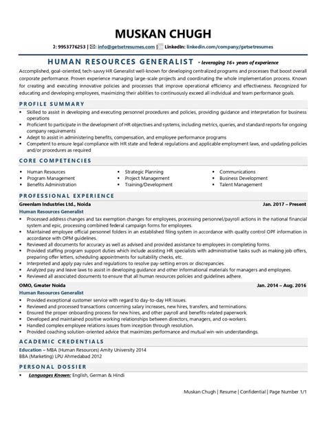 Sample Resume For Hr Generalist