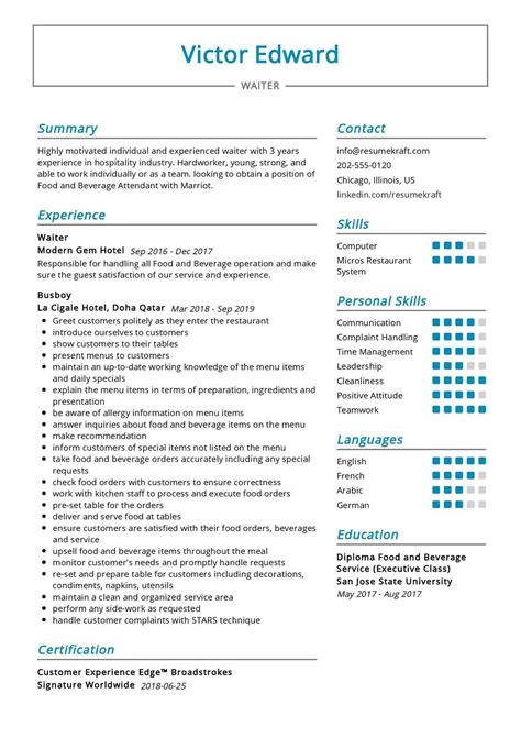 Sample Resume For Waiter