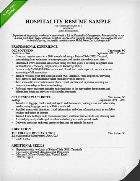 Sample Resume Of Hospitality Management