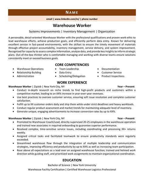 Sample Resume Of Warehouse Worker