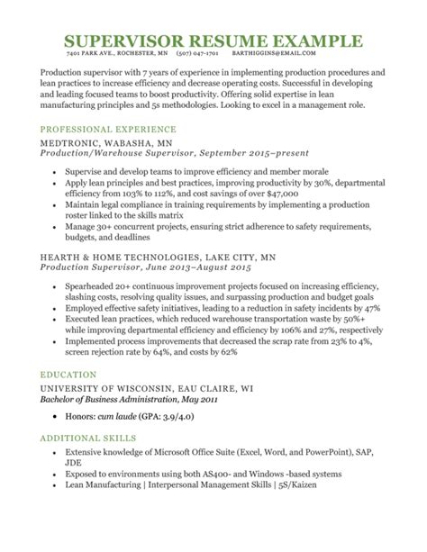 Sample Resume Supervisor Position