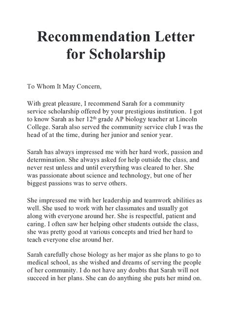 Sample Scholarship Letter Of Recommendation Template