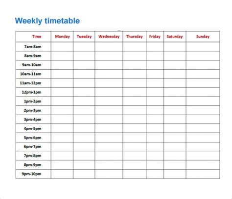Sample Timetable Template
