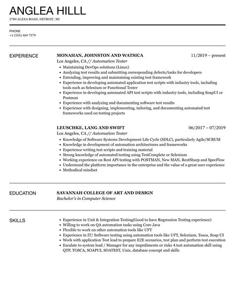 Sample Automation Tester Resume