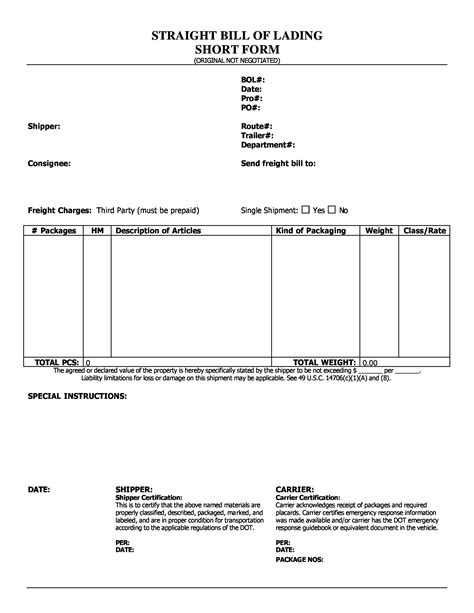 Sample Bill Of Lading Template