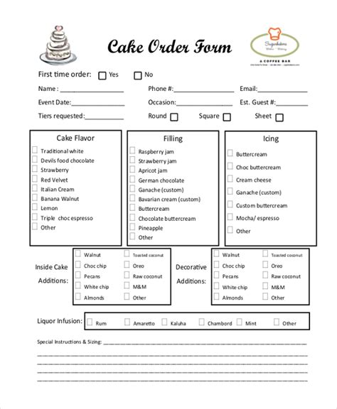 Sample Cake Order Form Templates