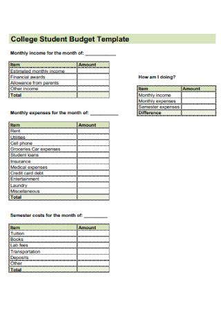 Sample College Student Budget