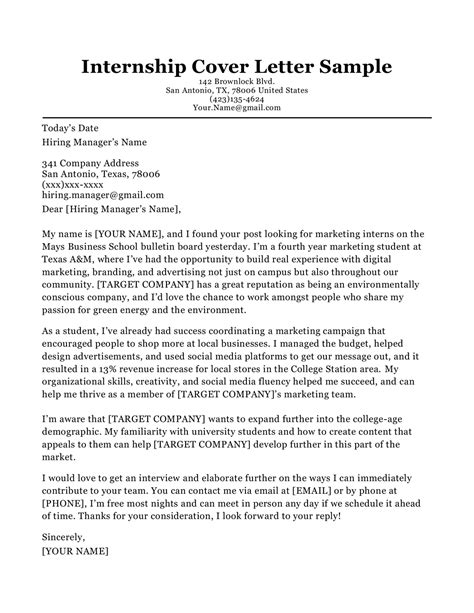 Sample College Student Cover Letter For Internship