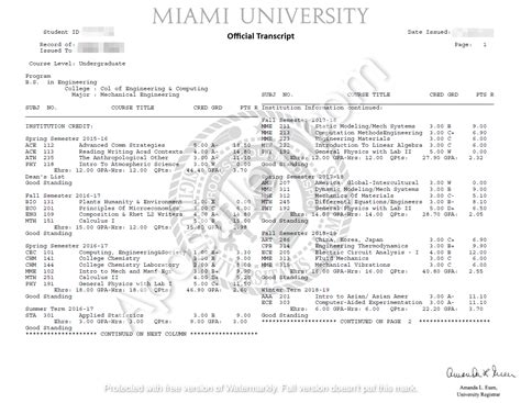 Sample College Transcript